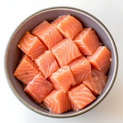 bowl of sushi grade salmon cubes isolated die cut