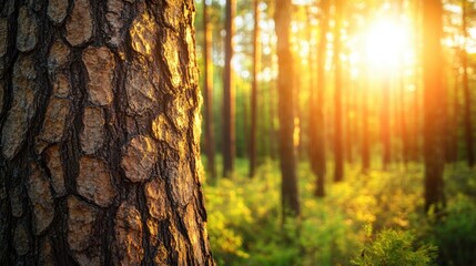 Fototapeta premium Close-up view of a textured tree trunk with detailed bark patterns, set against a tranquil forest background illuminated by soft, golden sunlight filtering through tall, slender trees. The scene captu