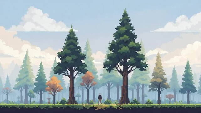 Tranquil forest digital illustration autumnal nature background 2 d pixel art landscape calm environment overhead perspective soft colors forest scene natural landscape scenery graphic design 