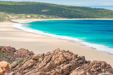 Hi angle view of turquoise beach and white sands in Western Australia