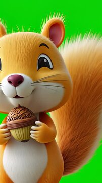 Cute Cartoon Squirrel Eating an Acorn on Green Background