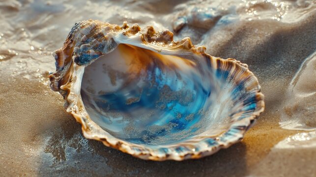 A close-up view of a beautiful, open seashell resting on the sandy beach. The shell exhibits intricate patterns in shades of brown and cream, with hints of vibrant blue visible within the shell's inte