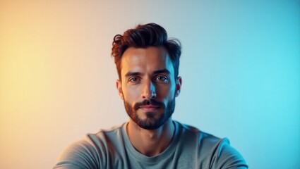 Fototapeta premium Lumen5. Handsome man with beard and blue shirt looking at camera portr