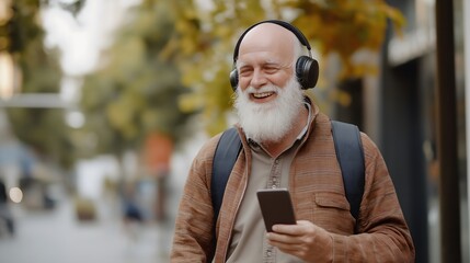 Elderly Man with White Beard Smiling While Listening to Music on Smartphone Outdoors