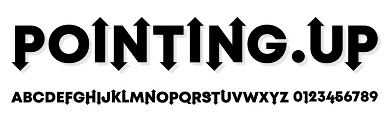 A Modern Bold Alphabet with Unique Typeface on the White Background Called PointingUp Font,black and white, Vector Illustration