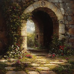 Fototapeta premium Arched Gateway To A Forgotten Crypt Covered In Moss And Flowers,