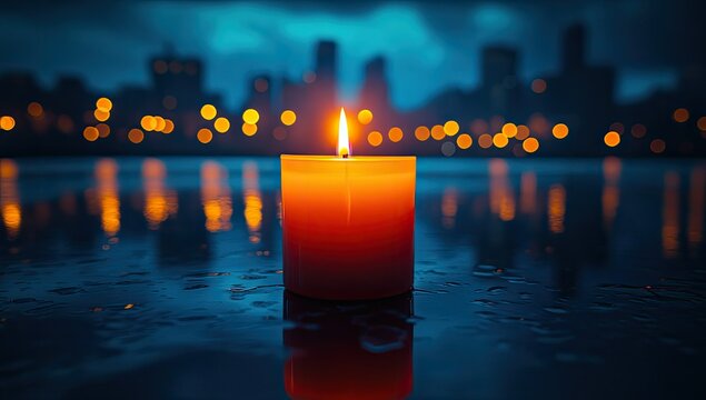 Burning candle with city night reflection.