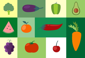 Various fruits and vegetables on mosaic tiles theme