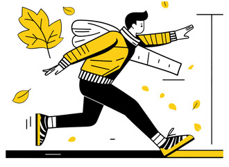 Fototapeta premium Energetic Person Running with Leaves in a Flat Doodle Style Illustration