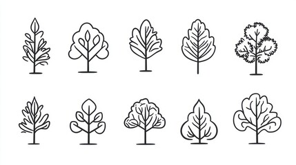 Various Tree Icons, Simple Line Art