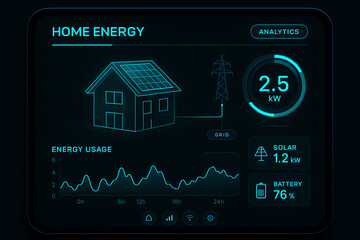 A modern home energy monitoring interface displaying solar power usage, battery status, and analytics for optimal energy consumption management in a residential setting.