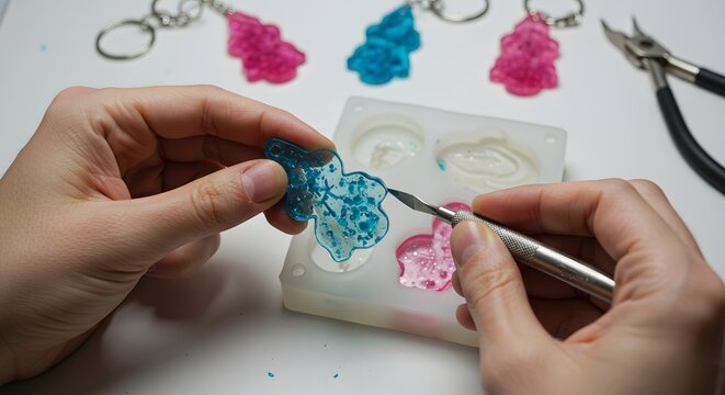 Hands using tool on blue resin keychain near mold with pink keychains and pliers on white surface