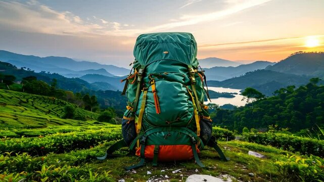 Backpack on Green Hill Overlooking Lake and Mountains at Sunset