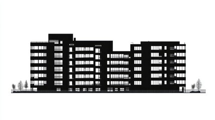 Urban apartment building silhouette, architectural drawing, city view, illustration, for digital use
