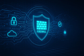 Obraz premium A vibrant digital representation of a firewall symbol, showcasing cybersecurity elements like locks and cloud storage, emphasizing protection and secure data management.