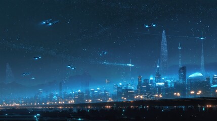 Fototapeta premium A futuristic city skyline illuminated by blue and neon lights under a starry night sky, featuring sleek skyscrapers and flying vehicles navigating the atmosphere. The scene is filled with a sense of a