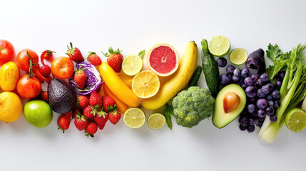 Vibrant array of colorful fruits and vegetables.  Fresh produce in spectrum hues, displayed for healthy eating