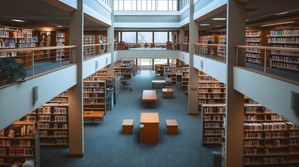 Interior of a spacious modern library with symmetrical architecture, two levels of bookshelves, bright lighting, and minimal wooden furniture creating a calm reading environment.