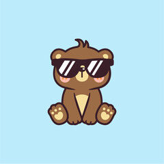 Cute Kawaii Cool Bear Sitting Wearing Black Sunglasses Cartoon Vector Illustration Logo Mascot. Summer Animal Bear Hand Drawn Retro Flat Cartoon
