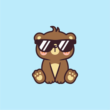 Cute Kawaii Cool Bear Sitting Wearing Black Sunglasses Cartoon Vector Illustration Logo Mascot. Summer Animal Bear Hand Drawn Retro Flat Cartoon