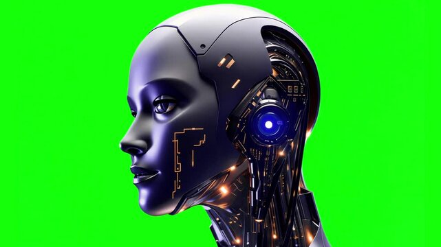 Futuristic ai robot animation, transparent 4K video, green screen