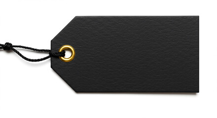 A close up shot of a black tag with a gold grommet and a black string on a white background