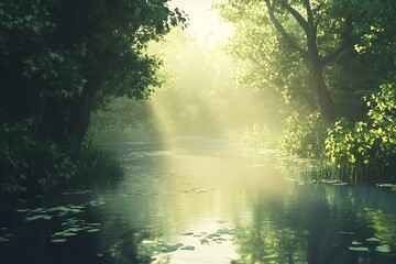 Fototapeta premium Beautiful autumn landscape with river and colorful trees in foggy morning