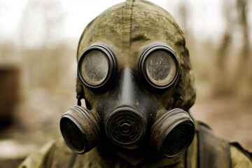 Close-up of a dirty, used gas mask.  Camouflage covering, large round eye-pieces, and multiple filter areas visible