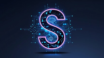 Neon Letter S with Circuit Board and Brain Design