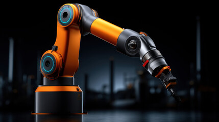 Industrial robotic arm with orange and black design working in dark factory environment, advanced technology for automation and precision tasks