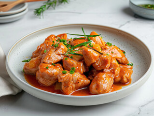 Spicy chicken pieces in a light sauce, garnished with herbs