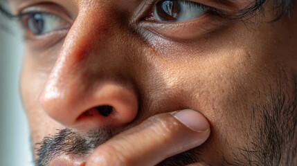 Close-up of a thoughtful young man with deep-set eyes, furrowed brows, and a subtle beard. He has a slight scratch on his nose and is resting his finger against his lips in a pensive manner. The light