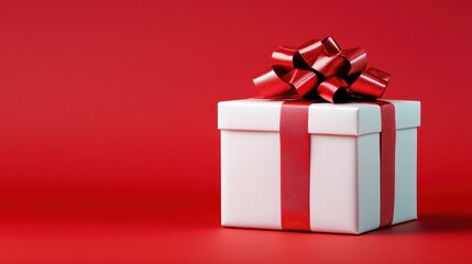 Obraz premium White gift box with red ribbon and bow on red background