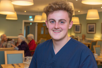Fototapeta premium Young caregiver smiles warmly at camera, surrounded by senior citizens enjoying a meal