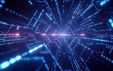 Obraz premium Blue technology background with hexagons and glowing elements for presentation or banner design. High-tech abstract vector illustration of a digital network, information exchange concept. 
