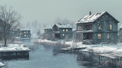 Winter homes by pond, landscaped, tranquil neighborhood. [Dream Architectures] | Shattered Sanctuaries | broken shelters. Illustration