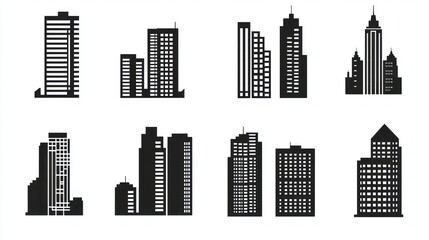 Obraz premium Cityscape icons various building silhouettes, white background, architectural design