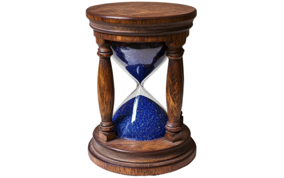 A wooden hourglass with blue sand, isolated on a transparent background. This is a PNG file suitable for cut-out design