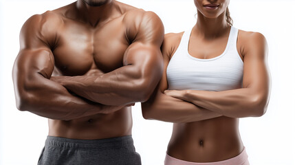 Two gym trainers male and female in tank tops doing strength training