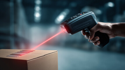 Image of scanning cardboard boxes in a logistics storage warehouse at the moment of reading them with a barcode reader.
