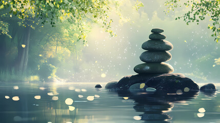 Zen stones on water, nature background, peaceful scene, calm, balance, harmony. [Dream Architectures] | Sonic Columns | harmonic structures. Illustration