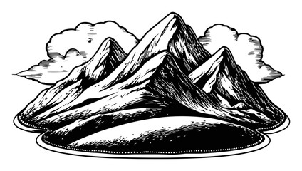 Detailed Black and White Mountain Engraving with Dramatic Clouds