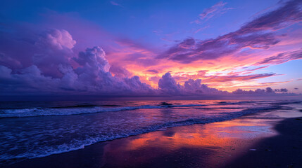 Ocean sunset with vibrant purple and orange clouds reflecting on calm water and wet sand, creating peaceful and colorful beach scene at dusk