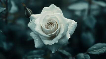 Closeup Rose White Petals, Water Droplets, Blooming Flower, Floral Still Life