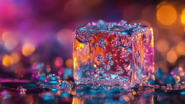 A close-up image of a translucent ice cube surrounded by small bubbles, set against a vibrant, colorful bokeh background of pink, orange, and blue hues. The ice cube showcases intricate details of its