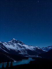 Dark mountain scene with stars over Mount Rundle and snowy Vermilion Lakes