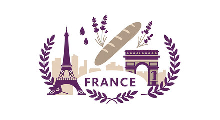 Fototapeta premium France, eiffel tower, arc de triomphe, baguette and lavender illustration