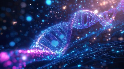 Abstract digital illustration of a glowing DNA strand with vibrant particles and neural connections, symbolizing genetics, biotechnology, and futuristic science.