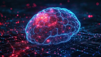 Abstract 3D illustration of a glowing digital brain with neural networks and data connections, representing artificial intelligence, deep learning, and neuroscience.