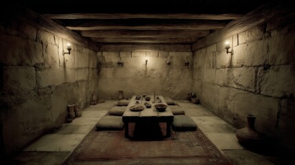 Fototapeta premium An ancient Jewish dining room lit by a soft oil lamp, with cushions, flat bread and a clay jug on a wooden table. The dark room conveys stillness and spiritual contemplation after the sacred meal.